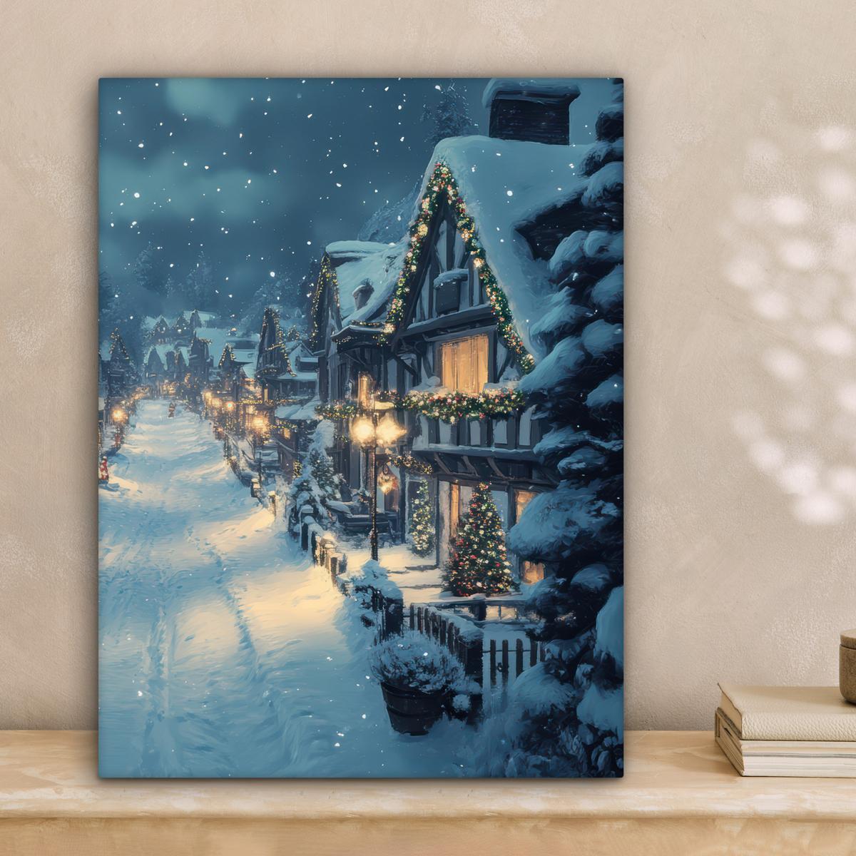 LEINWANDBILD Weihnachtsdorf - Weihnachten - Schnee - Winter Room Decor 30x40 cm - Dunkelblau, Textil (30/40cm) - MuchoWow