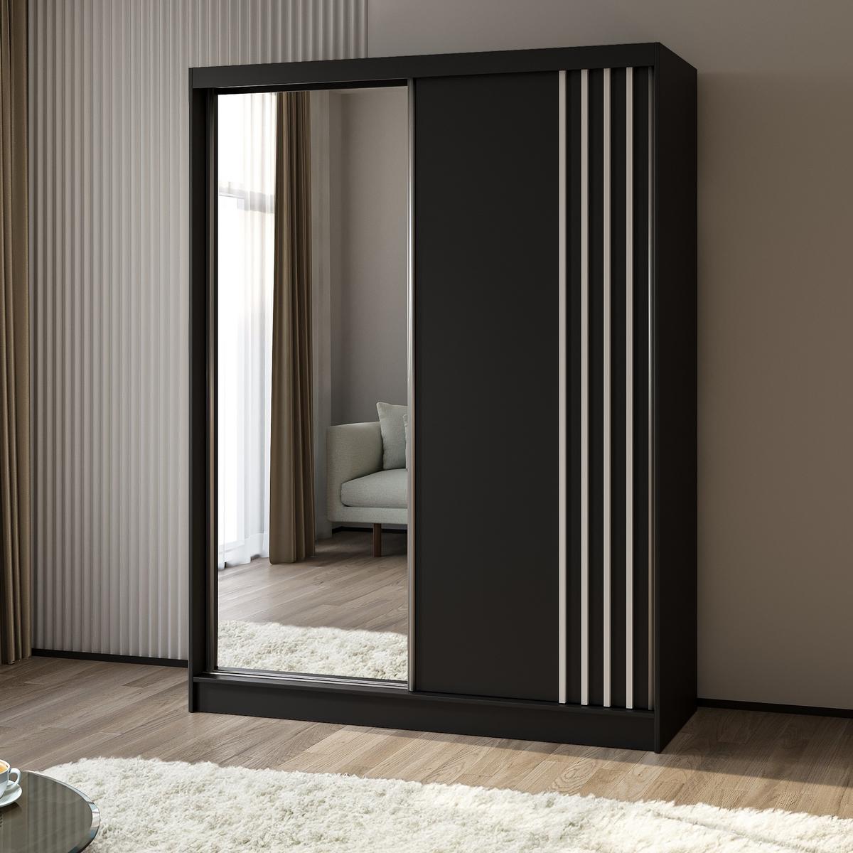 SCHWEBETÜRENSCHRANK NELVIA 160/216/61 cm 2-türig mit Spiegel Schwarz - Schwarz, Holzwerkstoff (160/216/61cm) - MASSENO