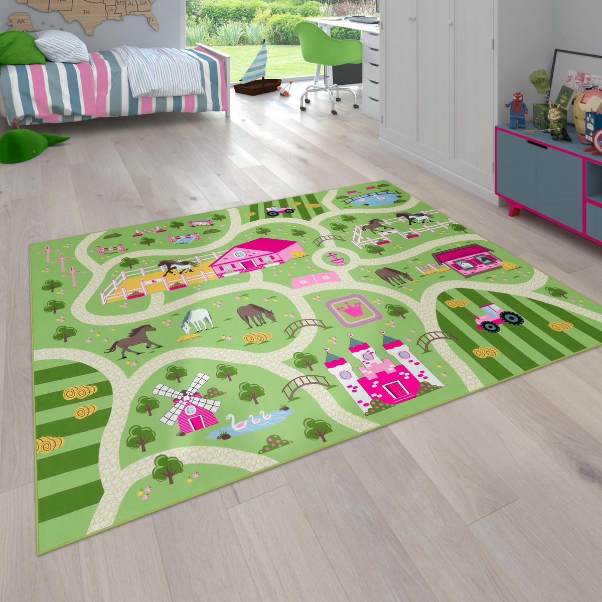 KINDERTEPPICH Waschbar, mit Bauernhof‑Straßen-Motiv, Grün, 140 x 200 cm - Grün, Textil (200/140cm) - KADIMA DESIGN