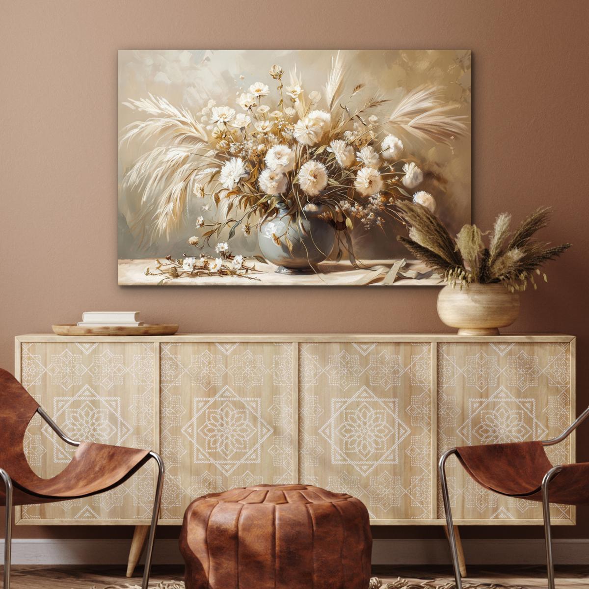METALLBILD Blumen - Vase - Stilleben - Beige Wanddeko 90x60 cm - Creme, Metall (90/60cm) - MuchoWow