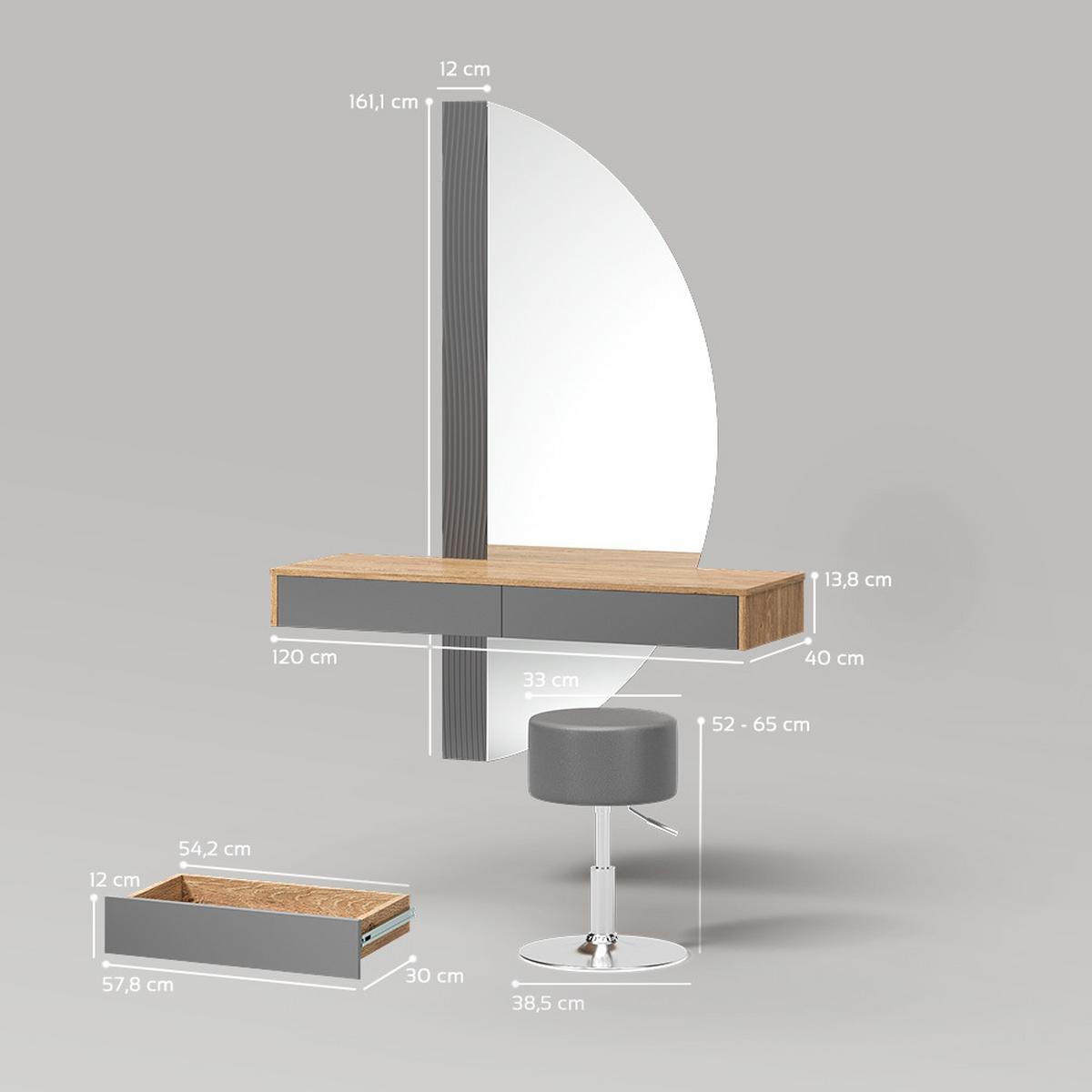 SCHMINKTISCH Ascona Grau mit Beleuchtung und Hocker - Grau, Holzwerkstoff (120/161.1/40cm) - Livinity®