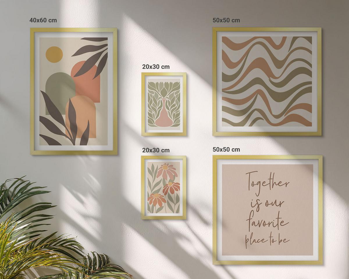 BILDER SET 5er Set - 50x50 cm & 20x30 cm & 40x60 cm Goldrahmen - Abstrakte Pastellblumen - Goldfarben, Kunststoff (40/60cm) - TULUP