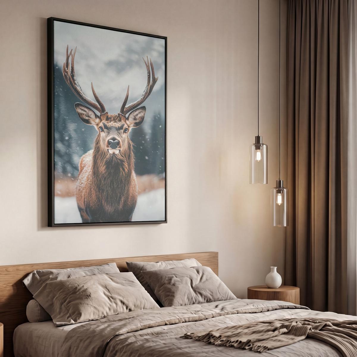 LEINWAND Bilder mit Rahmen - Hirsche - Tiere - Landschaft - Winter - Schnee - 60x90 - Kastanienfarben, Textil (60/90cm) - MuchoWow