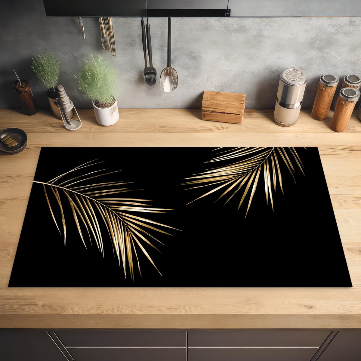 HERDABDECKPLATTE Blätter - Pflanzen - Gold - Schwarz - Luxus Ceranfeldabdeckung 90x52 cm - Goldfarben, Kunststoff (90/52/0.2cm) - MuchoWow