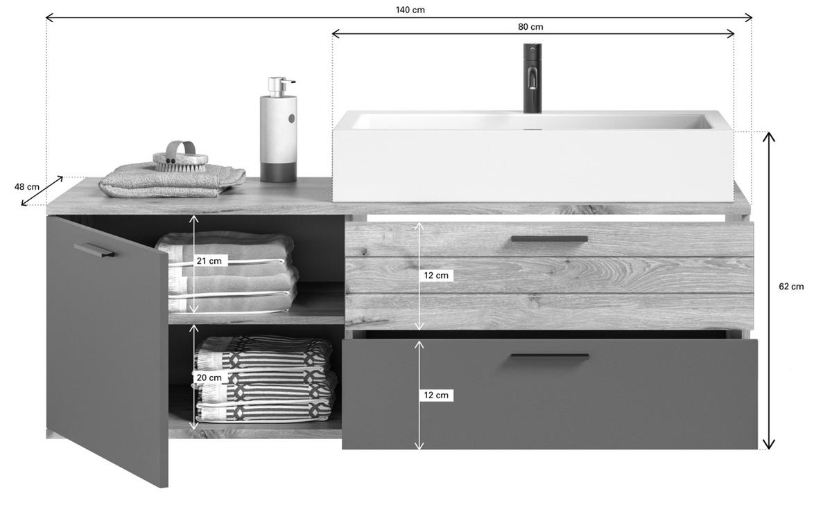 WASCHTISCHKOMBI Eiche, grau 140 cm inklusive Waschbecken, Soft-Close - Eichefarben/Schwarz, Keramik/Holzwerkstoff (140/62/48cm) - Inn.Furn