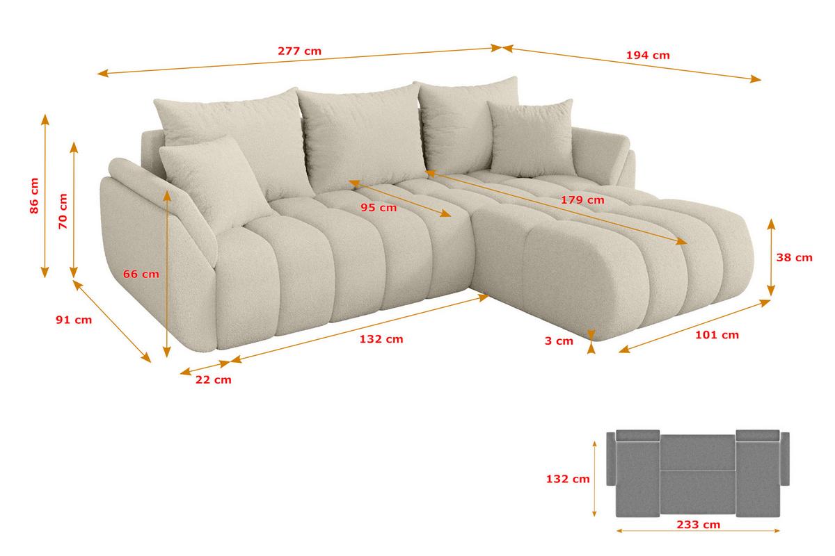 ECKSOFA mit Schlaffunktion Ottomane Rechts TOKO-L-v1 277x194x86 Beige Bouclé - Sandfarben/Beige, Holzwerkstoff/Kunststoff (277/194cm) - ALTDECOR