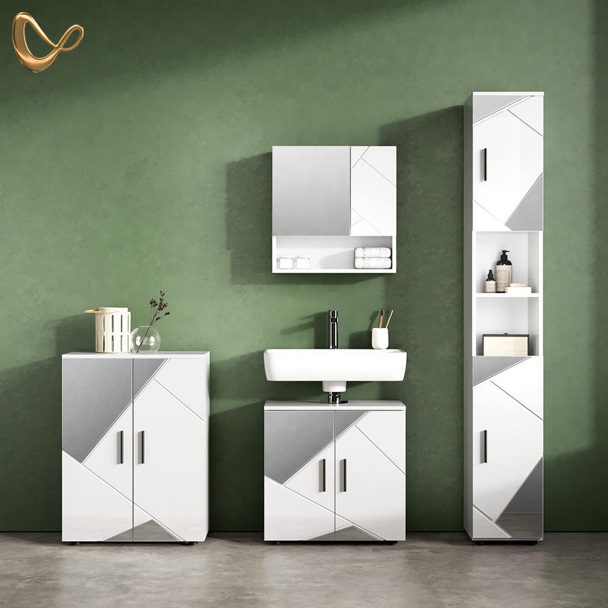 BADMÖBEL-SET Ronco Weiß Hochglanz mit Einsätzen 4 Teile, mit Hochschrank und Kommode - Weiß Hochglanz, Holzwerkstoff (60/60/59cm) - Livinity®