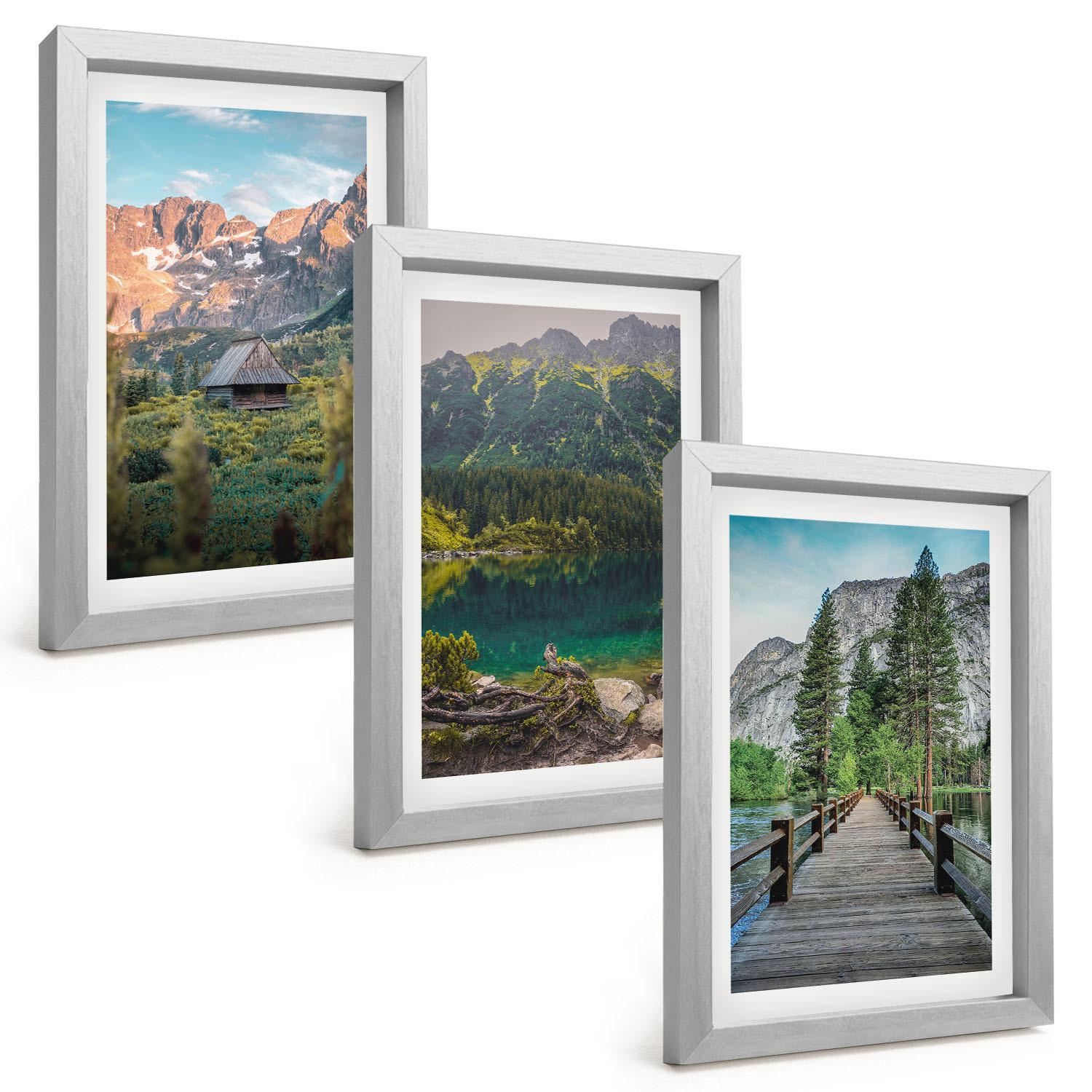 BILDER SET 3er Set - 20x30 cm Silberner Rahmen - Berglandschaft See Brücke - Silberfarben, Kunststoff (20/30cm) - TULUP