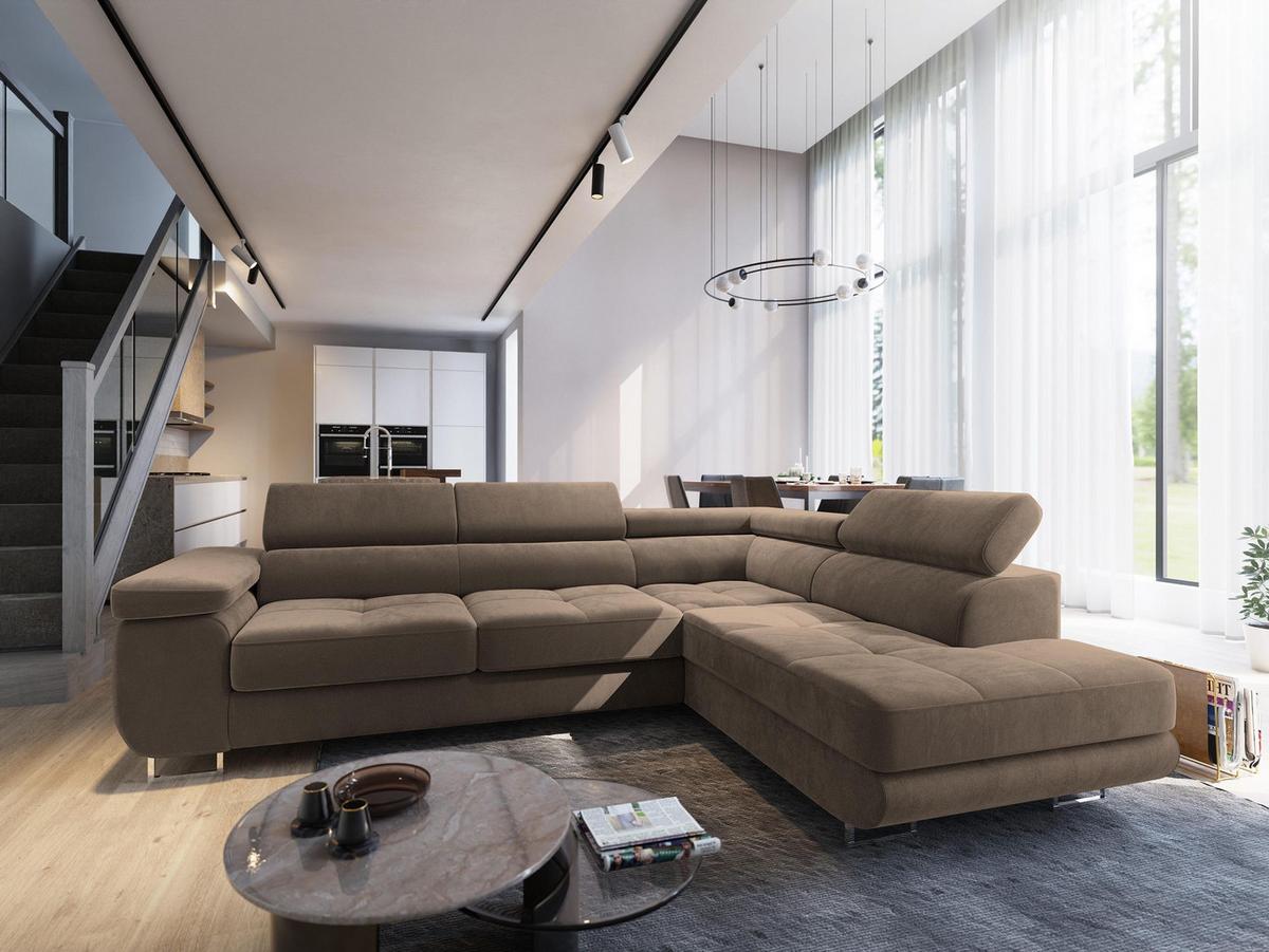 ECKSOFA SELVA R-S Beige Velours-Stoff mit Schlaffunktion - Beige/Silberfarben, Holz/Holzwerkstoff (275/202cm) - MASSENO