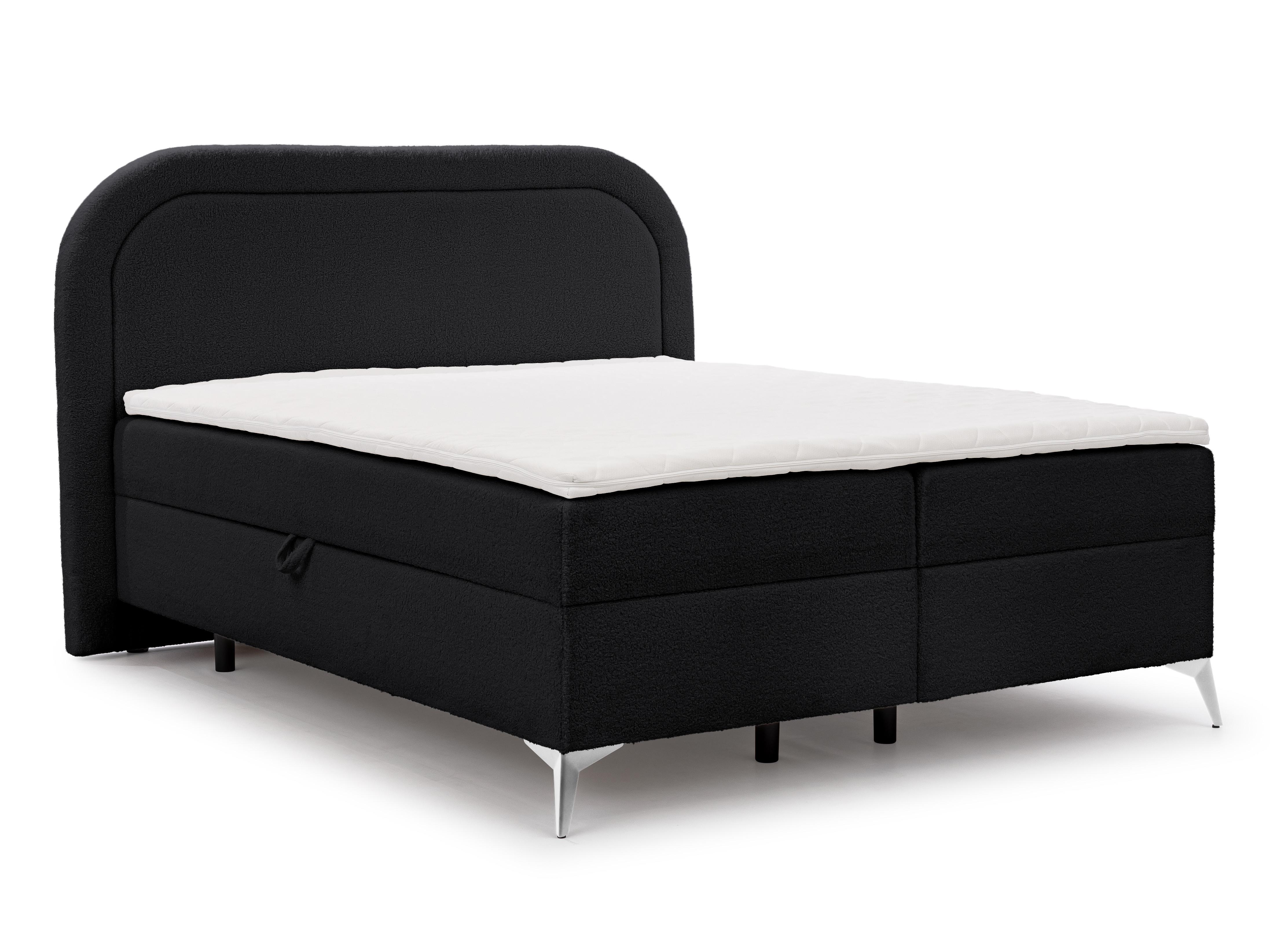 BOXBETT Sonna 200/200 cm Schwarz Bouclé-Stoff mit abgerundetem Kopfteil und mit silbernen Metallfüßen - Silberfarben/Schwarz, Holz/Textil (200/200cm) - S-Style