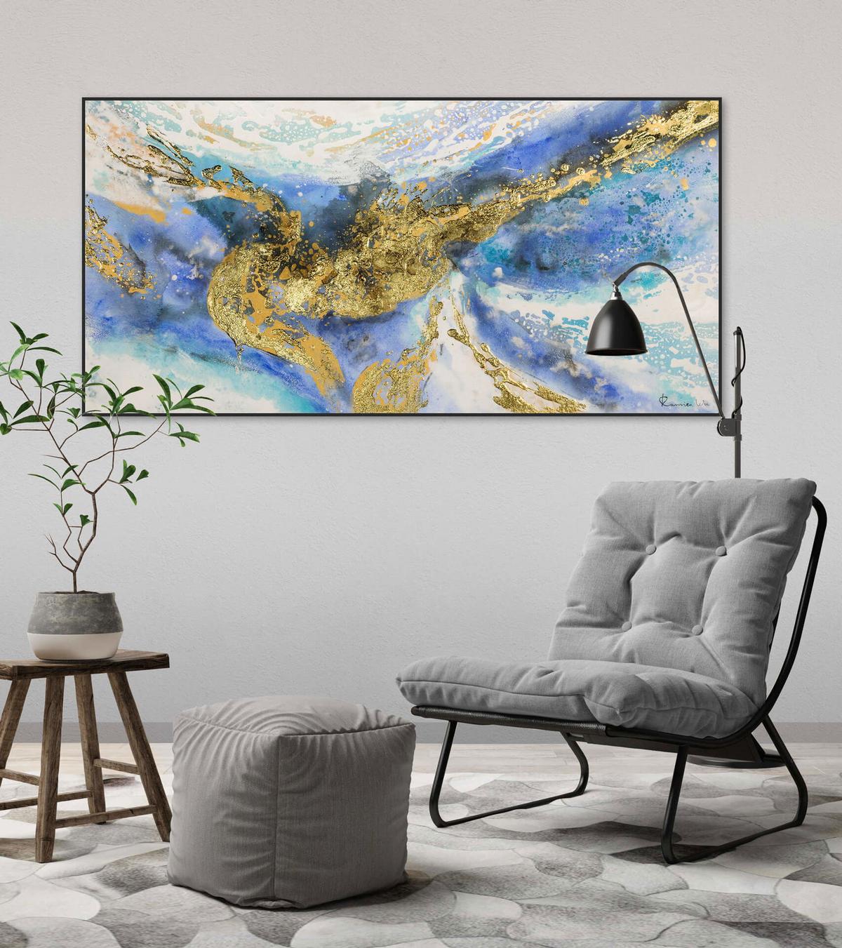 ACRYLBILD HANDGEMALT 120/60 cm - Blau/Goldfarben, Holz/Textil (120/60cm) - KUNSTLOFT
