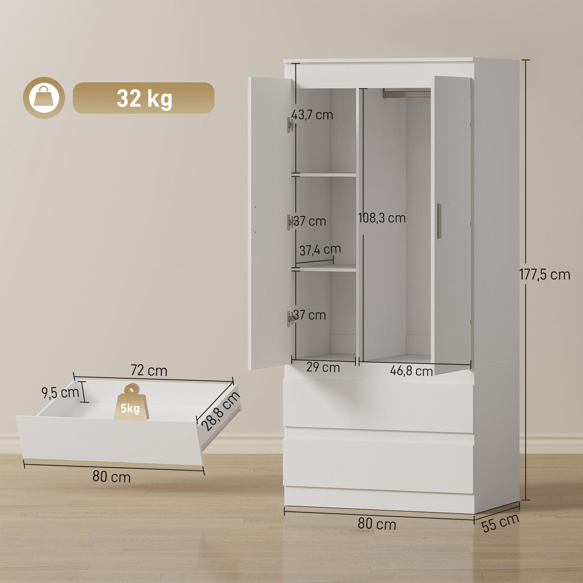 KLEIDERSCHRANK Spanplatte MDF Weiß - Weiß, Holzwerkstoff (55/177.5/80cm) - HOMCOM