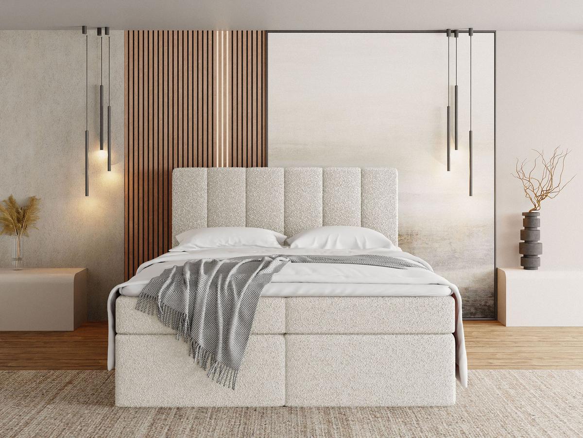 BOXBETT Amira mit Bettkasten, Boucle Weiß 120/200 cm – 7-Zonen Taschenfederkern-Matratze & Komfortschaum-Topper - Schwarz/Weiß, Kunststoff/Textil (120/200cm) - WFL GROUP