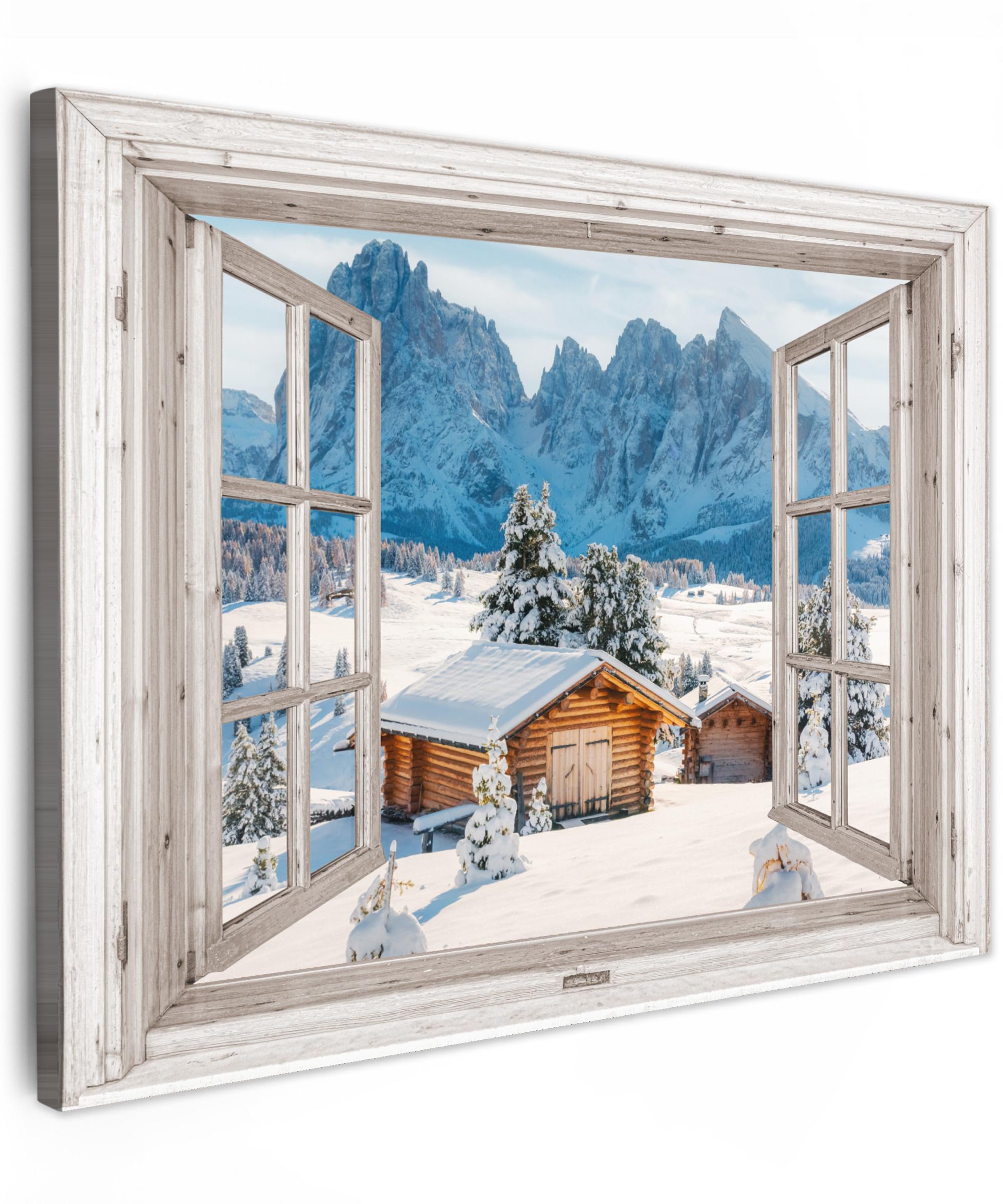 LEINWANDBILD Winterlandschaft - Hütte - Berge - Ausblicke - Aussicht - Natur Wandbild 40x30 cm - Weiß Hochglanz, Textil (40/30cm) - MuchoWow