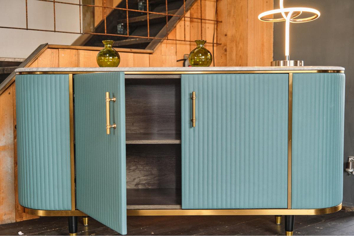SIDEBOARD MARIA Hellblau Marmor, Kunstleder - Schwarz/Hellblau, Stein/Metall (150/76/40cm) - KAWOLA