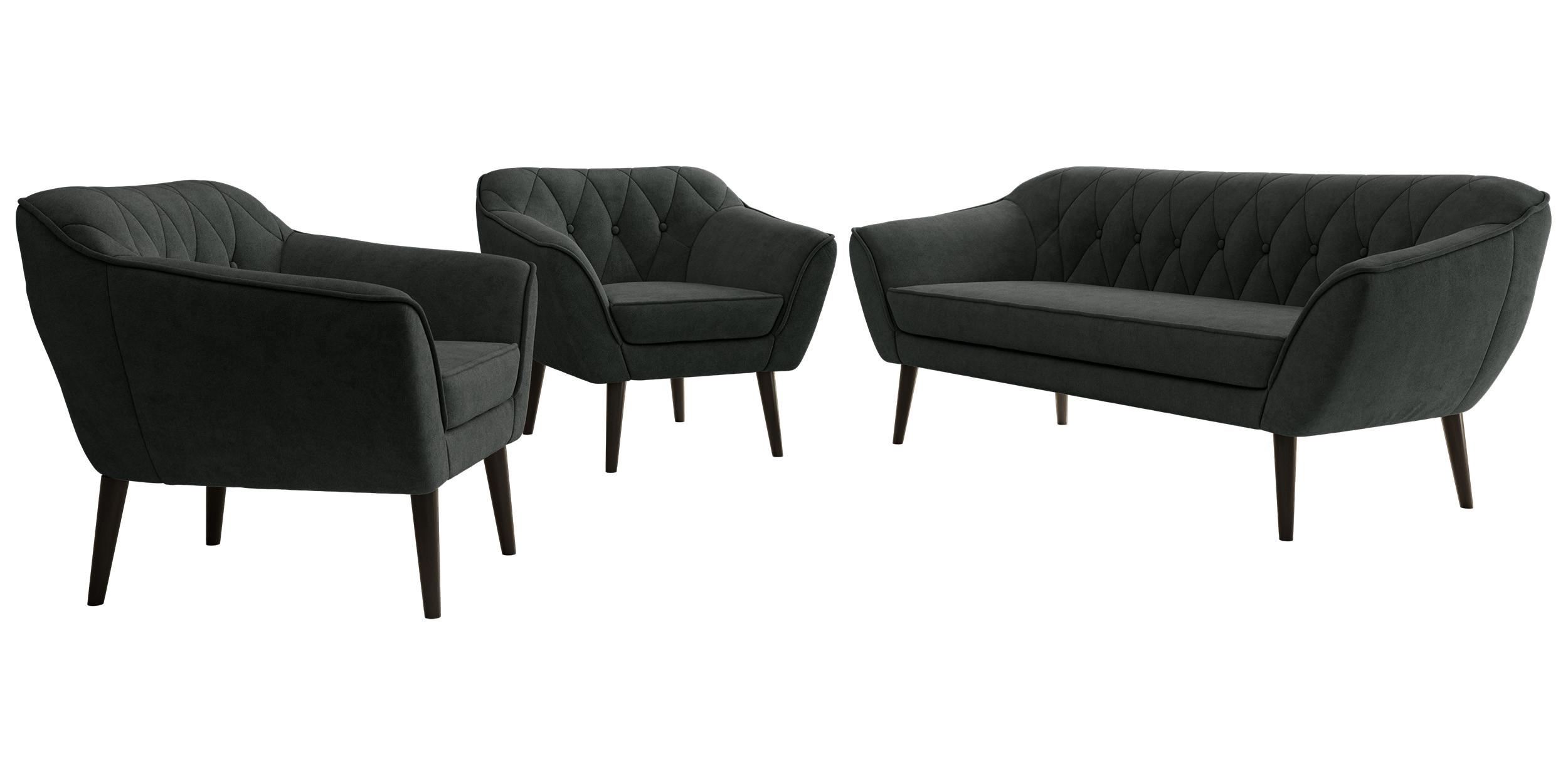 SITZGARNITUR PIRS 3+1+1 - Dunkelgrau Strukture - Schwarze Beine - Dunkelgrau/Graphitfarben, Holzwerkstoff/Textil (180/75/74cm) - MKS