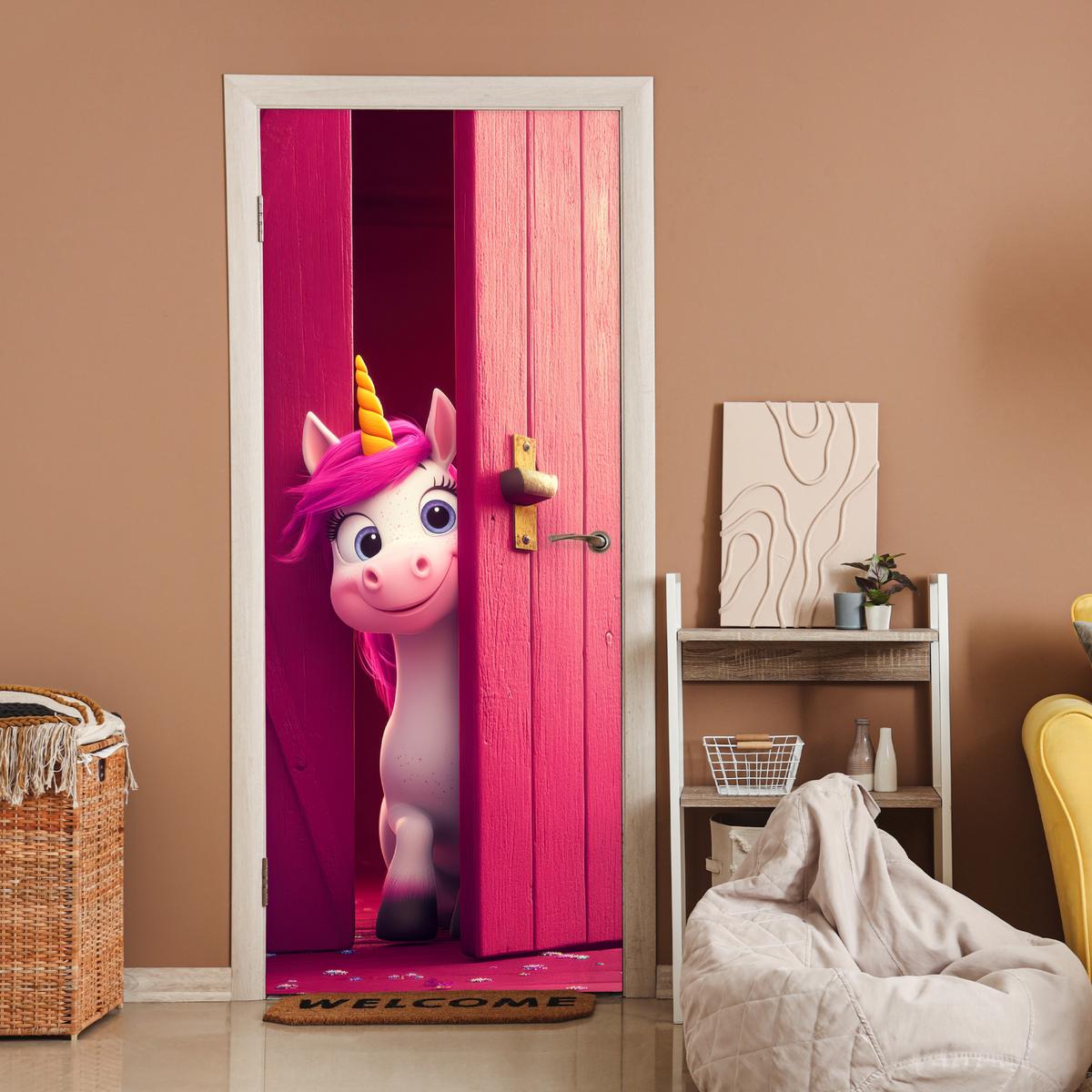 TÜRAUFKLEBER Einhorn - Rosa - Tür - Fantasie Room Decor 85x205 cm - Türtapete - Pink, Kunststoff (85/0.1cm) - MuchoWow