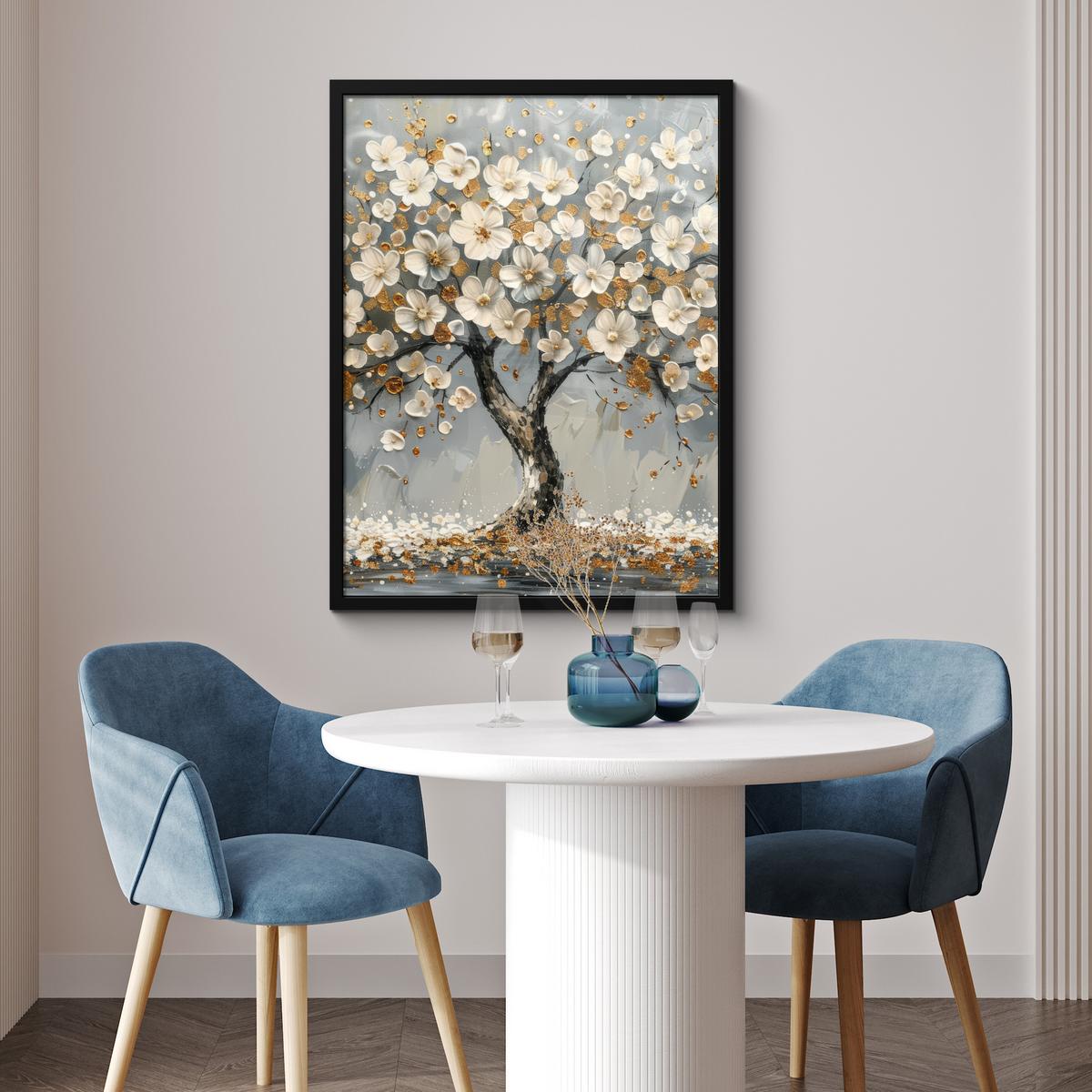 POSTER MIT RAHMEN Baum - Blumen - Weiß - Natur - Kunst Posterleiste 60x80 cm - Weiß, Papier (60/80cm) - MuchoWow