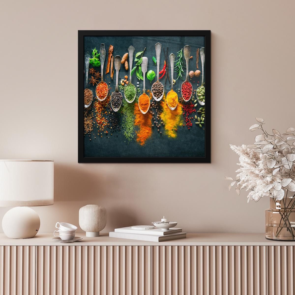 POSTER MIT RAHMENGERAHMTES BILD Kräuter - Gewürze - Löffel 40x40 cm - Currygelb, Papier (40/40cm) - MuchoWow
