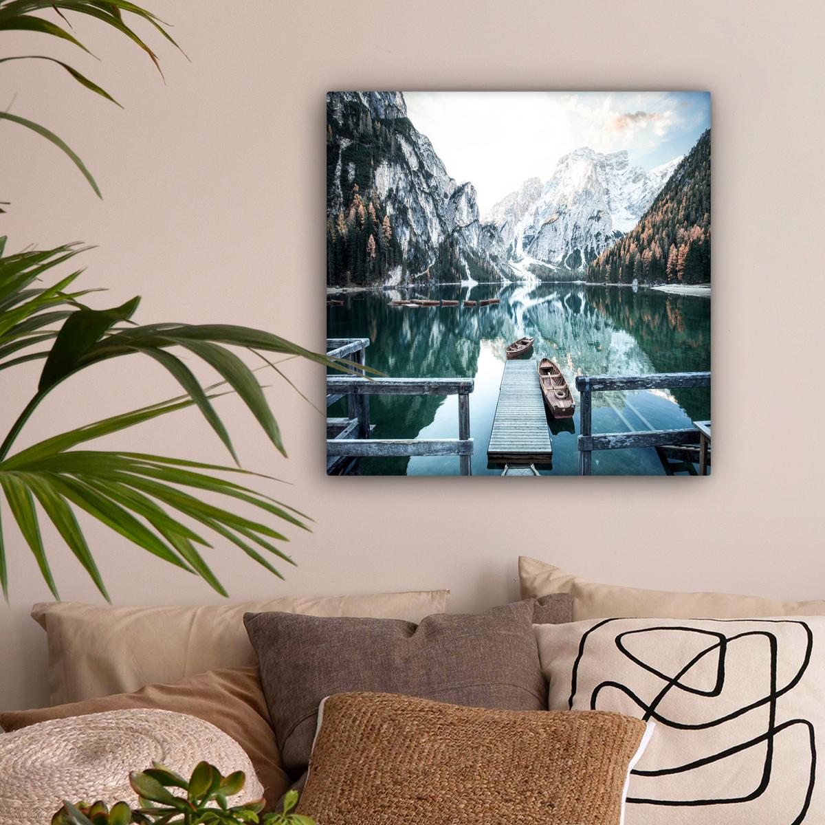 LEINWANDBILD Natur - Berge - Schnee - Wald - Boot Wandbild Wohnzimmer 50x50 cm - Hellgrün, Textil (50/50cm) - MuchoWow