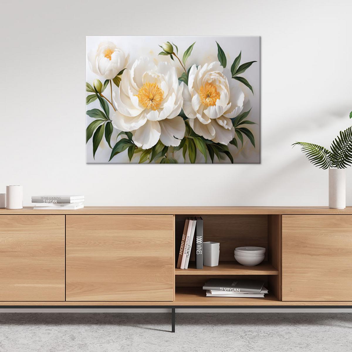 WANDBILD weiß blühende pfingstrosenblüten - Weiß, Textil (90/60cm) - Feeby