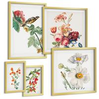 BILDER SET 5er Set - 50x50 cm & 20x30 cm & 40x60 cm Goldrahmen - Gemalte Blumen, Retro-Vogel - Goldfarben, Kunststoff (40/60cm) - TULUP