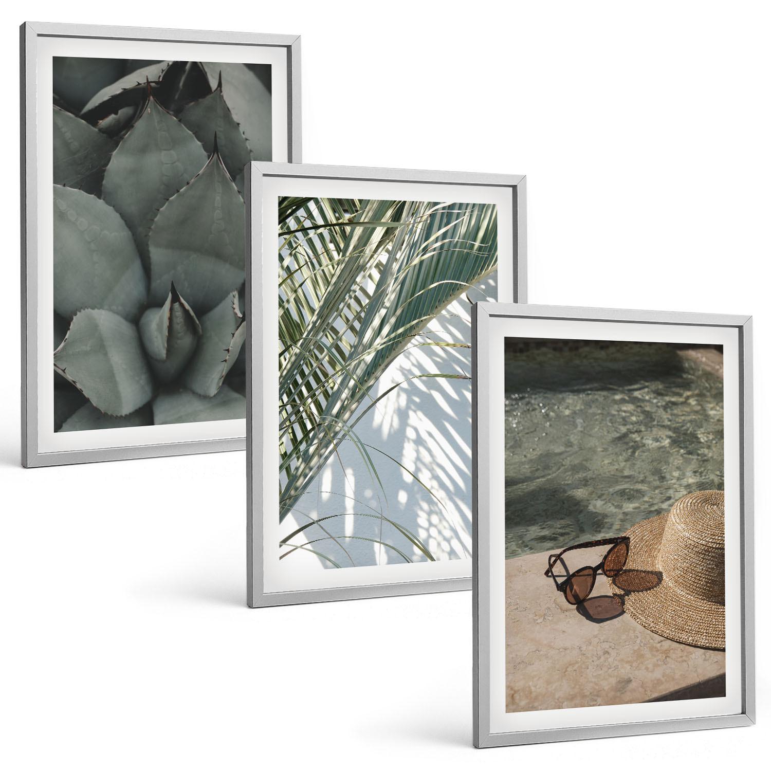 BILDER SET 3er Set - 40x60 cm Silberner Rahmen - Tropische Pflanzen für den Urlaub - Silberfarben, Kunststoff (40/60cm) - TULUP