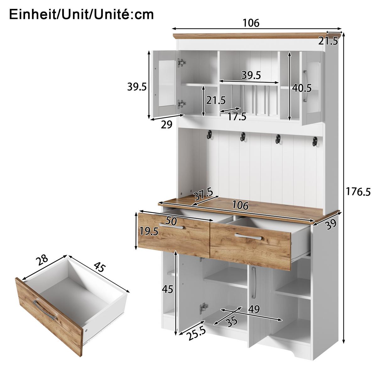 HIGHBOARD weiß und holzoptik, viel stauraum und mit vitrine fächern - Weiß, Holzwerkstoff (106/176.5/39cm) - Urban Meuble