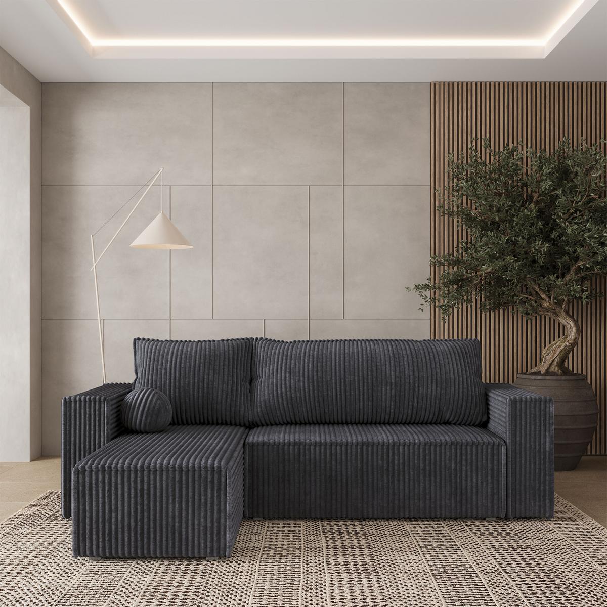 ECKSOFA RAVELO T Graphitfarben Kordstoff mit Schlaffunktion - Graphitfarben/Grau, Holz/Kunststoff (240/140cm) - MASSENO