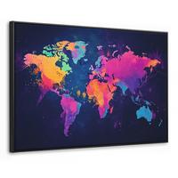 LEINWAND Bilder mit Rahmen - Weltkarte - Bunt - Graffiti - 150x100 - Multicolor, Textil (150/100cm) - MuchoWow