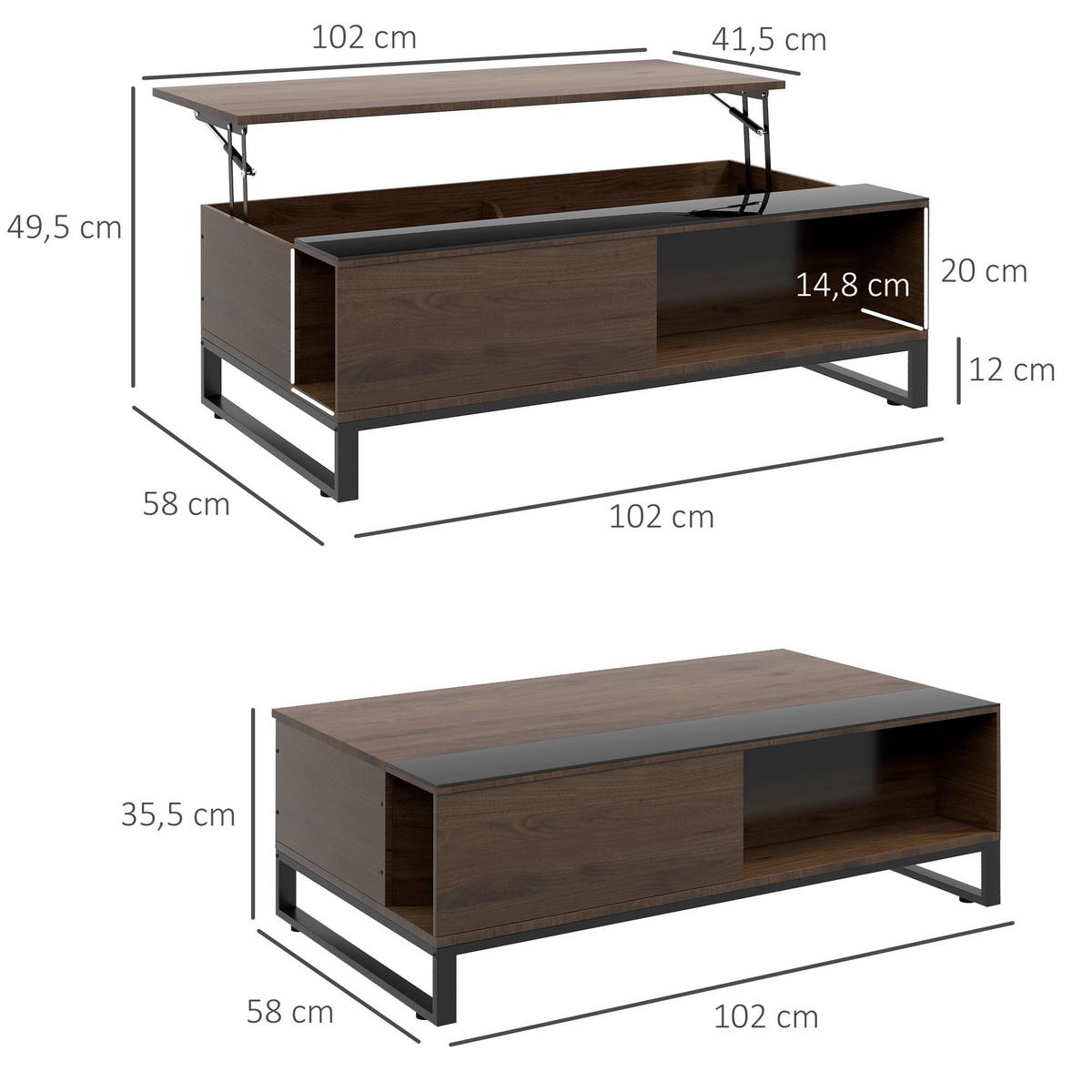 COUCHTISCH, Beistelltisch mit Höhenverstellbarer Platte, Sofatisch mit Stauraum - Walnussfarben, Kunststoff (102/58/35.5cm) - HOMCOM
