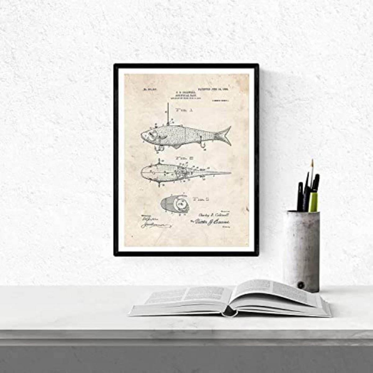 POSTER Set mit 4 Angelrute Patent A4 Schwarzer Rahmen - Schwarz, Papier (29.7/3cm) - Nacnic
