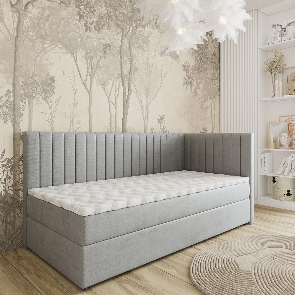 BOXBETT ARIS 90x200 cm mit Matratze und Topper, H2+H3 - Hellgrau - Hellgrau, Holz (90/200cm) - MASSENO