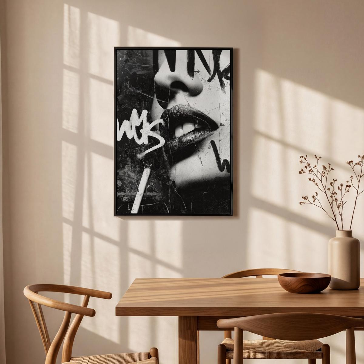 LEINWAND Bilder mit Rahmen - Gesicht - Mund - Graffiti - Schwarz - 60x90 - Schwarz, Textil (60/90cm) - MuchoWow