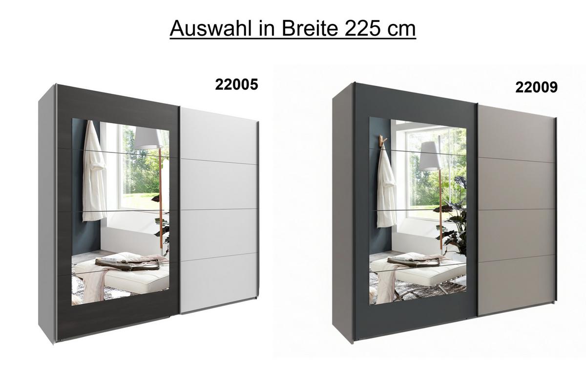 SCHWEBETÜRENSCHRANK 2-türig B225/H208/T65 cm, Kleiderschrank in Weiß mit Rahmenspiegel auf Tür in grauer Stahl-Optik / 22005 - Weiß/Grau, Holzwerkstoff/Metall (225/208/65cm) - luma-home