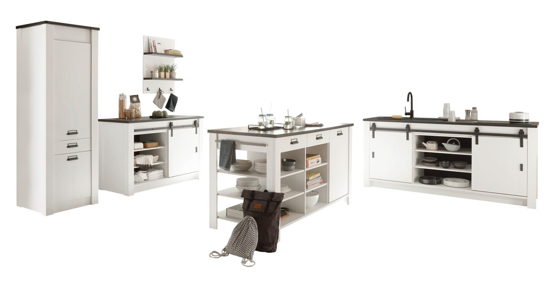 KÜCHEN-SET weiß Pinie, anthrazit Landhaus, Küchenschrank Set 5-teilig mit Kochinsel - Anthrazit/Schwarz, Holzwerkstoff/Metall (201/201/64cm) - Furn.Design