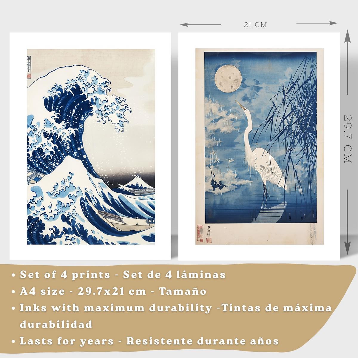 POSTER 4er Bilder-Set Wandbilder Japanisch modern Wohnzimmer Deko, Schlafzimmer, Küche, Badezimmer Weißer Rahmen A4 - Weiß, Papier (29.7/1/21cm) - Nacnic
