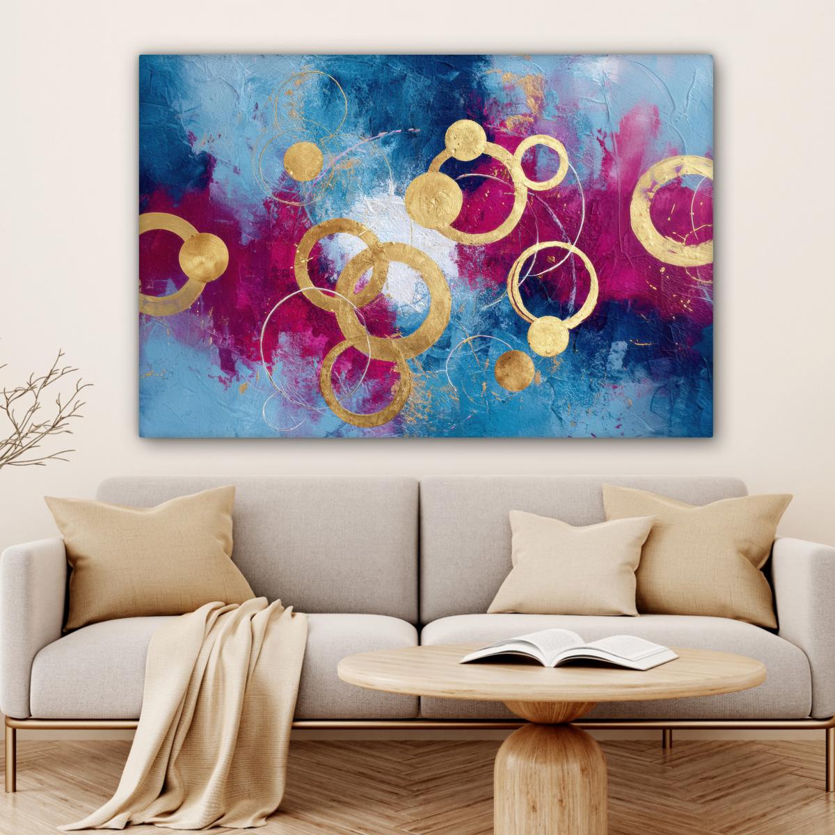 LEINWANDBILD Kreise - Gold - Abstrakt Groß 140x90 cm - Blau, Textil (140/90cm) - MuchoWow