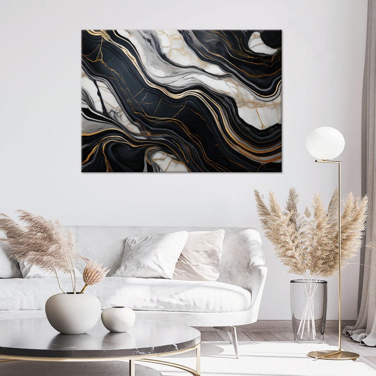 WANDBILD schwarz weißer marmor mit gold - Schwarz, Textil (90/60cm) - Feeby