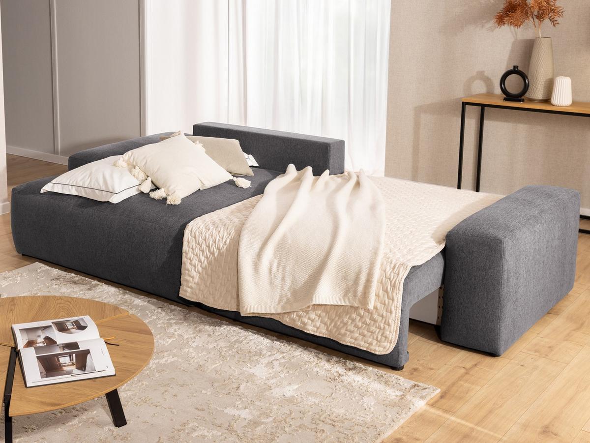 ECKSOFA inkl. Hocker Lennon aus Graphit Strukturstoff mit Schlaffunktion und Bettkasten - Graphitfarben/Schwarz, Holz/Kunststoff (137/264cm) - S-Style