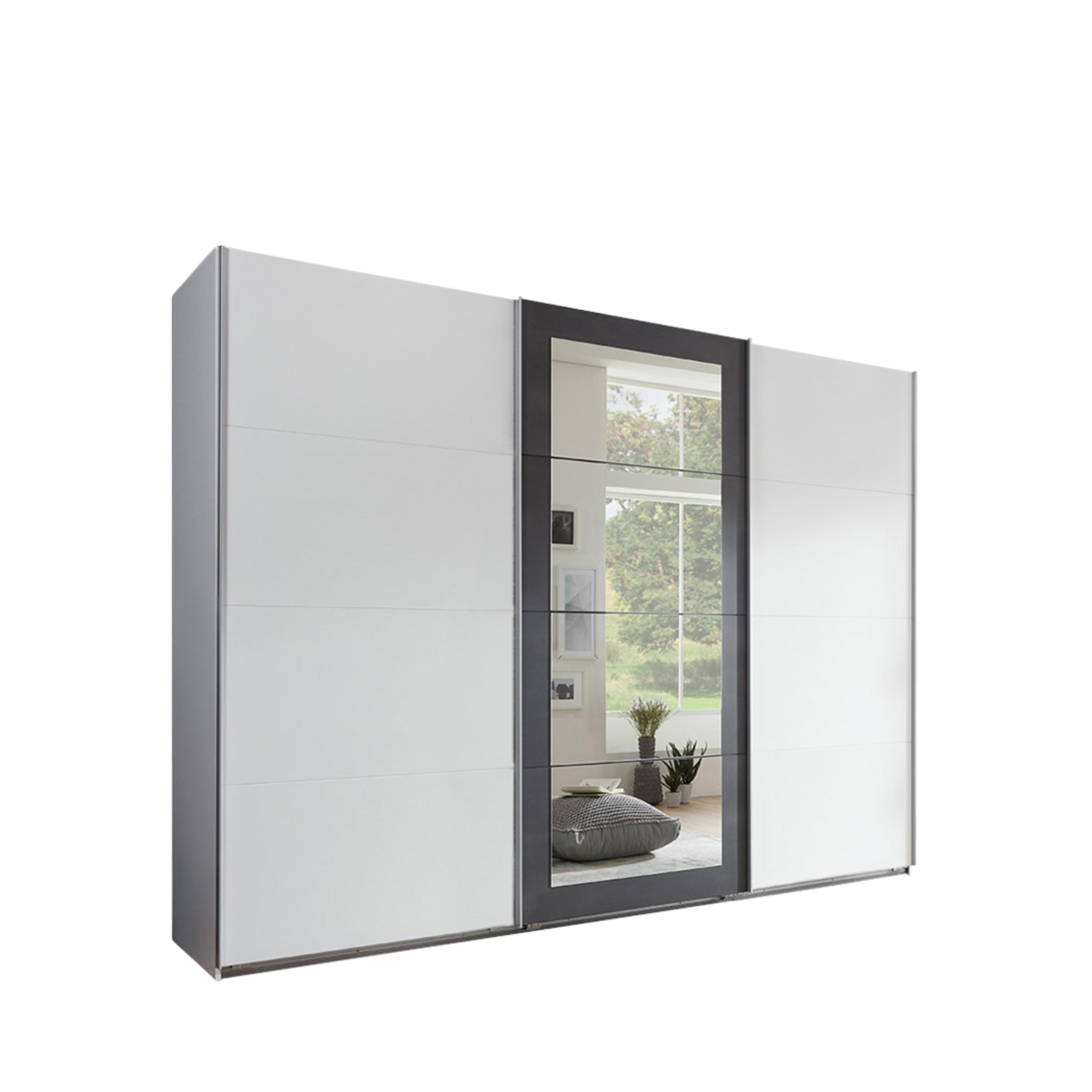 SCHWEBETÜRENSCHRANK 3-türig B270/H208/T65 cm, Kleiderschrank in Weiß mit Absetzungen in grauer Stahl-Optik / 22001 - Alufarben/Schwarz, Holzwerkstoff/Metall (270/208/65cm) - luma-home