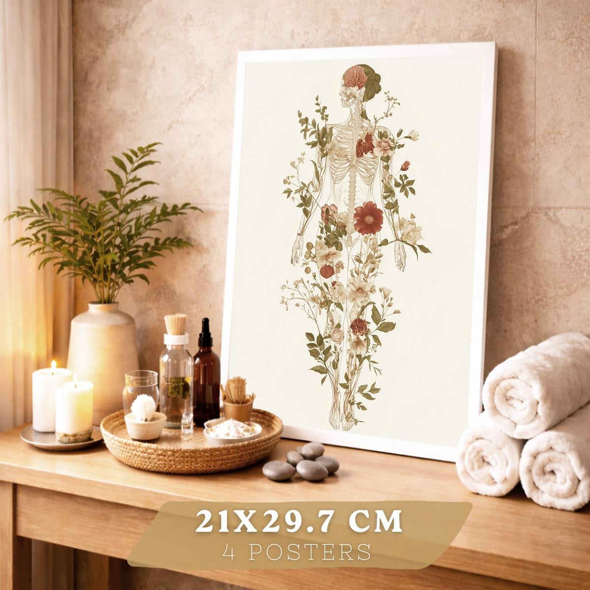POSTER Set aus 4 Anatomie Mensch Dekorative Drucke und Wandbilder mit Blumen Ganzkörper Gehirn Hand und Herz Stil Größe Weißer Rahmen A4 - Weiß, Papier (21/29.7/3cm) - Nacnic