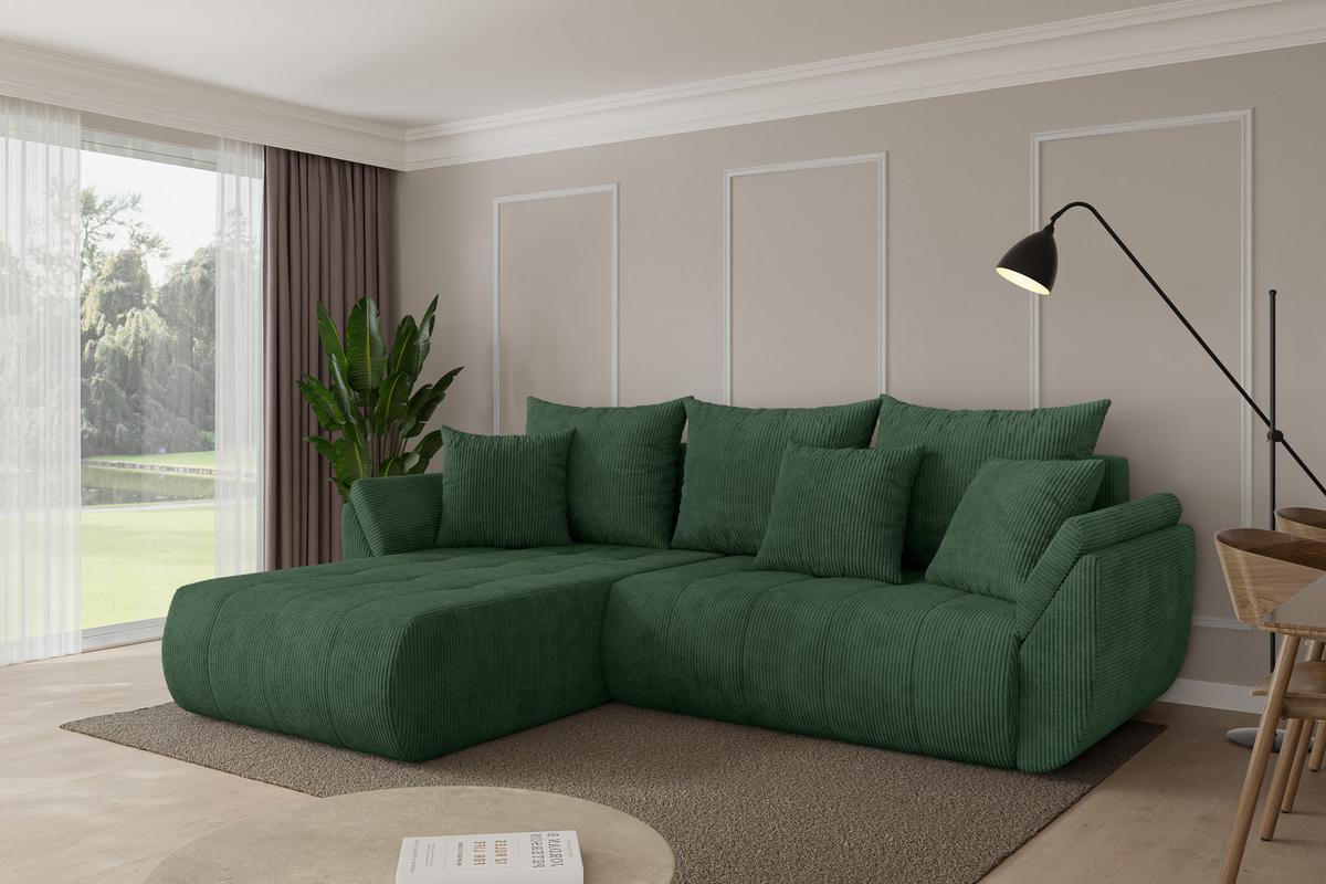 ECKSOFA mit Schlaffunktion Ottomane Links TOKO-L 277x194x86 Grün Cord - Dunkelgrün/Schwarz, Holzwerkstoff/Kunststoff (277/194cm) - ALTDECOR