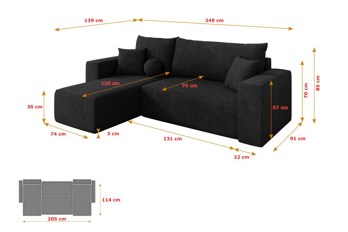 ECKSOFA mit Schlaffunktion Ottomane Links SENO-L 249x139x85 Schwarz Velours - Schwarz, Holzwerkstoff/Kunststoff (249/139cm) - ALTDECOR