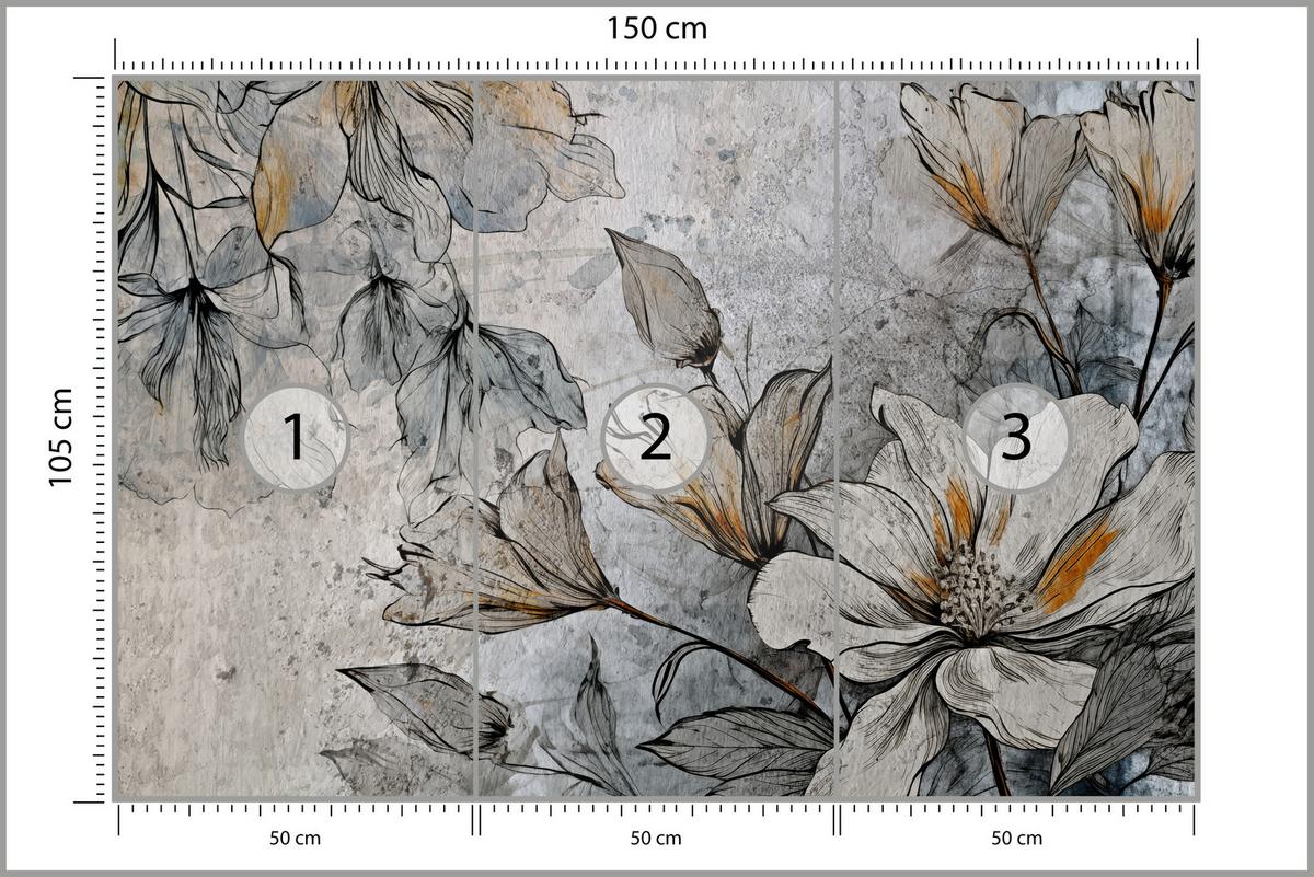 FOTOTAPETE für Büro Blumen Blätter Betongrund Vintage Pflanzen 150x105 - Grau, Papier (150/105cm) - Muralo