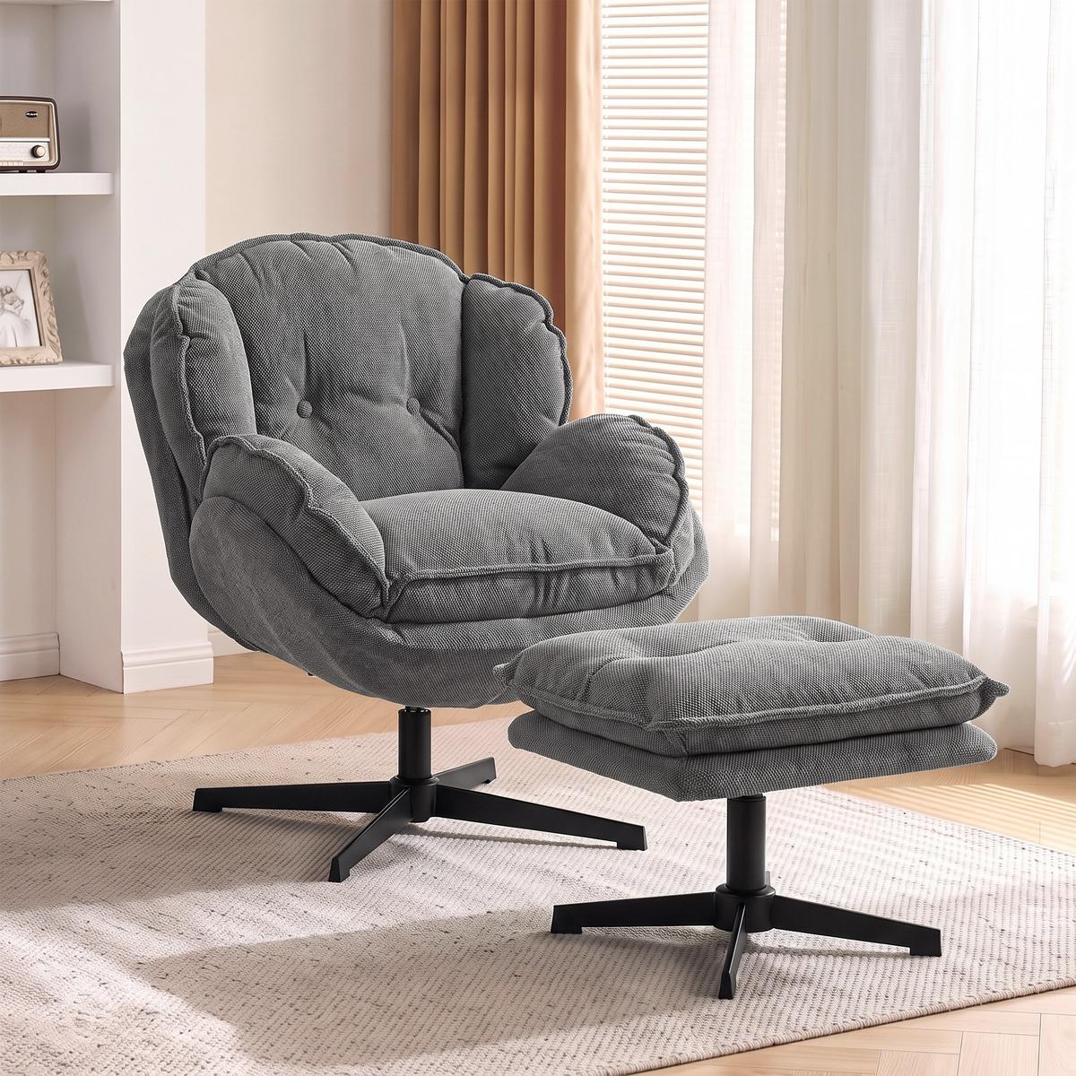 RELAXSESSEL-MIT-HOCKER Polyester Grau - Schwarz/Grau, Textil/Metall (74/85/86cm) - HOMCOM