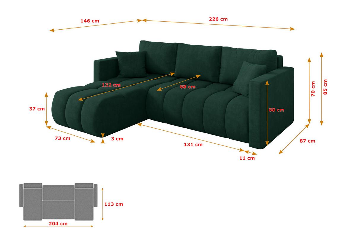 ECKSOFA mit Schlaffunktion Ottomane Links GARD-L 226x146x85 Grün Velours - Schwarz/Grün, Holzwerkstoff/Kunststoff (226/146cm) - ALTDECOR