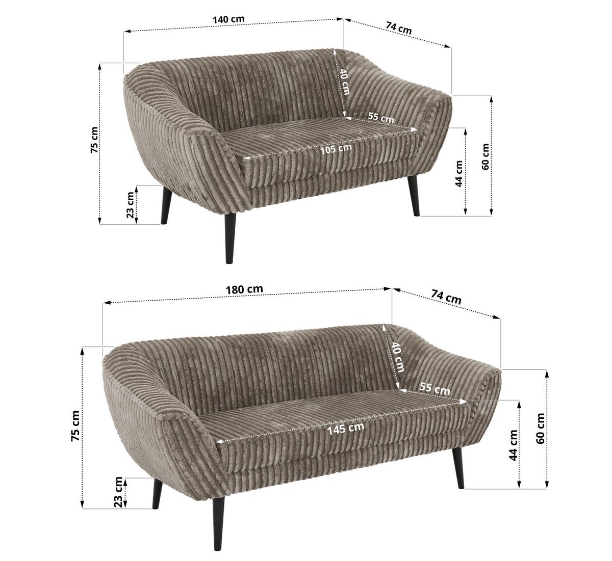 SITZGARNITUR PIRS 3+2 - Hellbraun Cord - Schwarze Beine - Hellbraun/Schwarz, Holzwerkstoff/Textil (180/75/74cm) - MKS