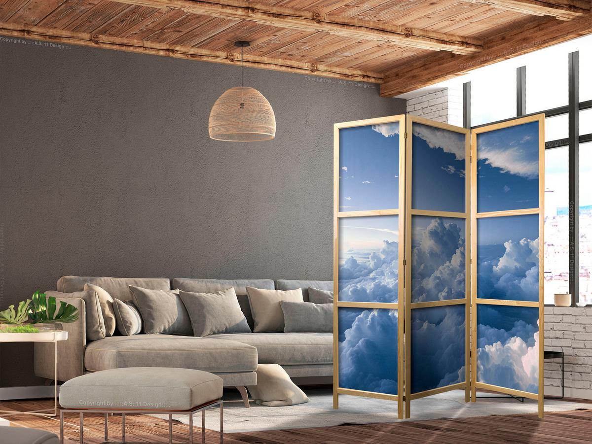 PARAVENT Japanischer 3-tlg 135x172 cm Wolken 3D - Blau, Holz/Textil (135/172/3cm) - Muralo