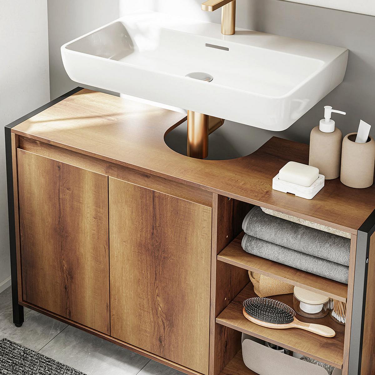 WASCHBECKENUNTERSCHRANK 90cm Breit mit U-Aussparung - Hellbraun, Holzwerkstoff (90/60/30cm) - SoBuy